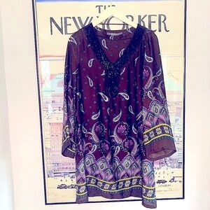 Zara brown silky paisley tunic with black beaded collar size M
